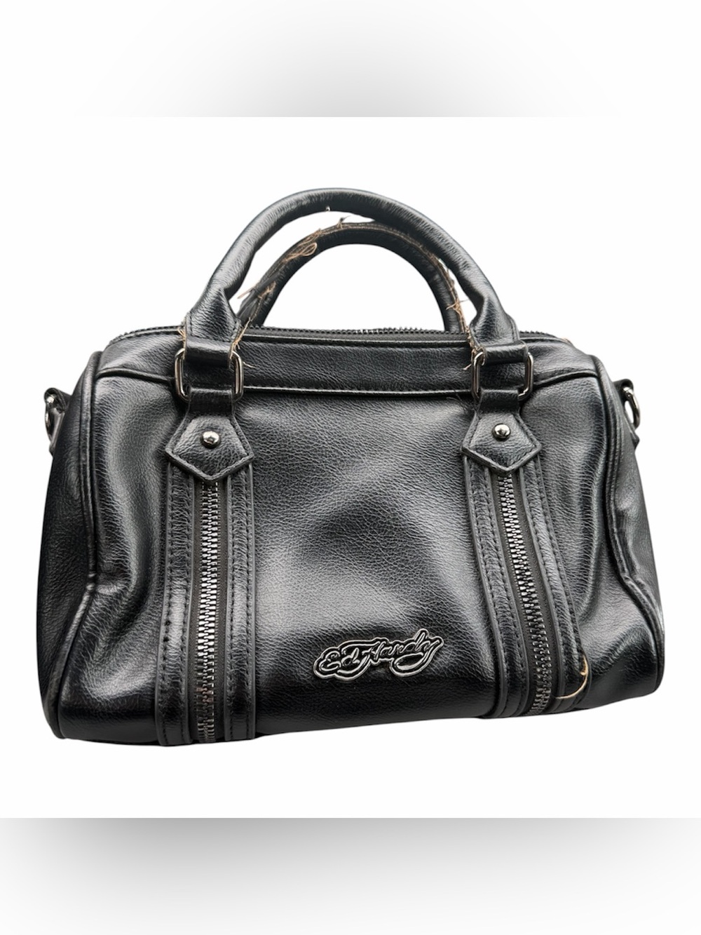 Ed Hardy Black mini bag Top-Handle Satchel zipper details *frayed handles*